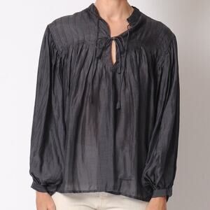 Matta Phool Top in Iron Poet Balloon Sleeve Pleated Swing Lagenlook Blouse